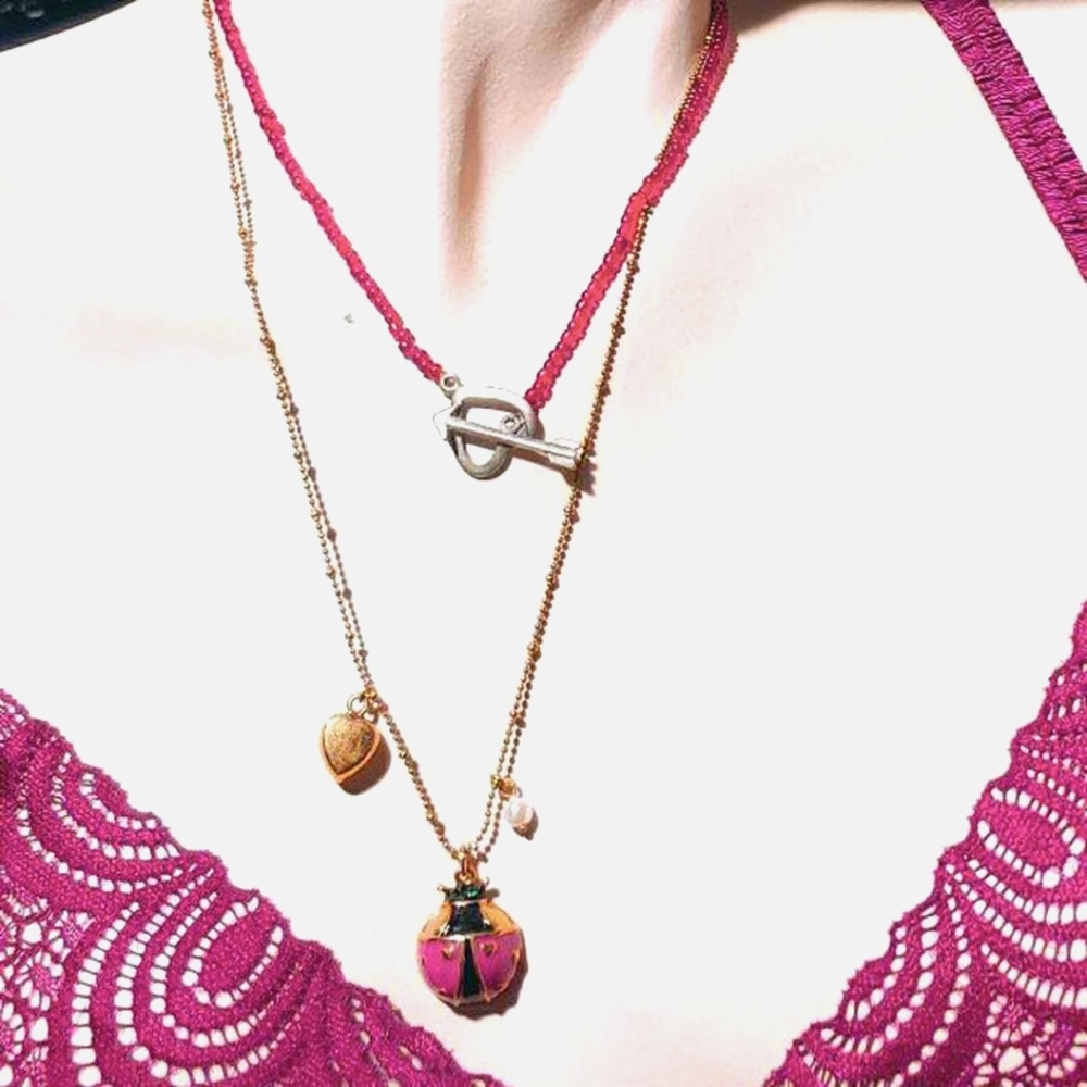Y2K Betsey Johnson Ladybug & Crystal Heart Charm Necklace